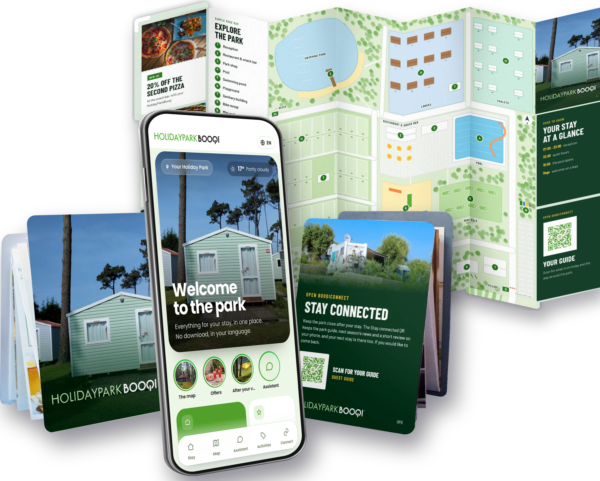 A HolidayParkBooqi in the hand, with the digital guide on a phone